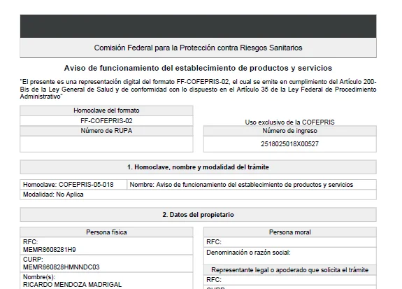 Vista previa aviso COFEPRIS