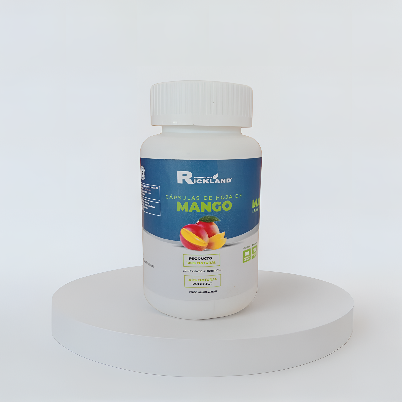 frasco de cápsulas de hoja de mango elaboradas con hojas deshidratadas